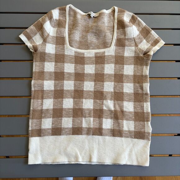 Madewell Sweater Women's 2XS Brown Cream Check Knitted Short Sleeve Square Neck - Picture 2 of 7